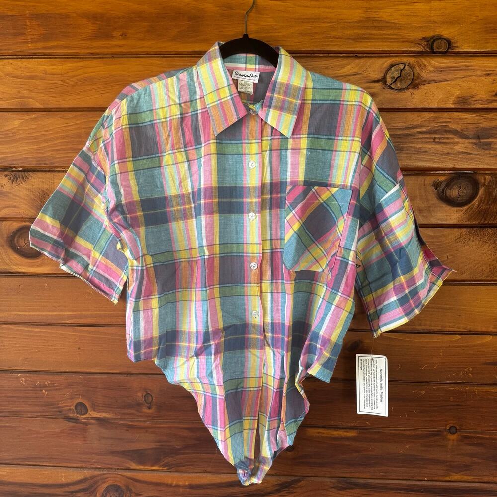 VINTAGE  | 1980s Indian Cotton Madras Plaid Cropped Tie up Top Blouse Size Small